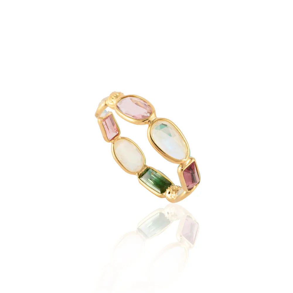 Custom Jewelry 18K Solid Yellow Gold Natural Rainbow Moonstone & Tourmaline Full Stacking Band Ring