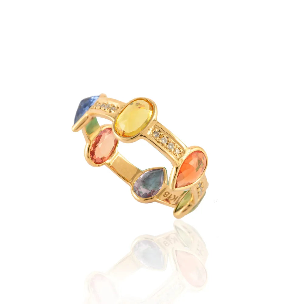 Customization Natural Multi Sapphire & Diamond 18K Solid Yellow Gold Full Stackable Band Ring