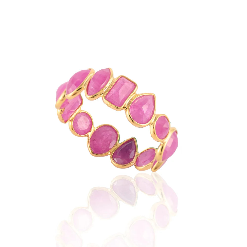 Natural Precious Gemstone 18K Solid Yellow Gold Full Stackable Band Ring