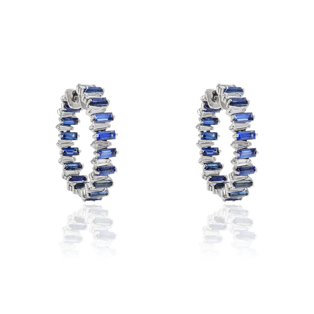 Fashionable Jewelry Natural Blue Sapphire & Diamond 14K Solid White Gold Hoop Earring