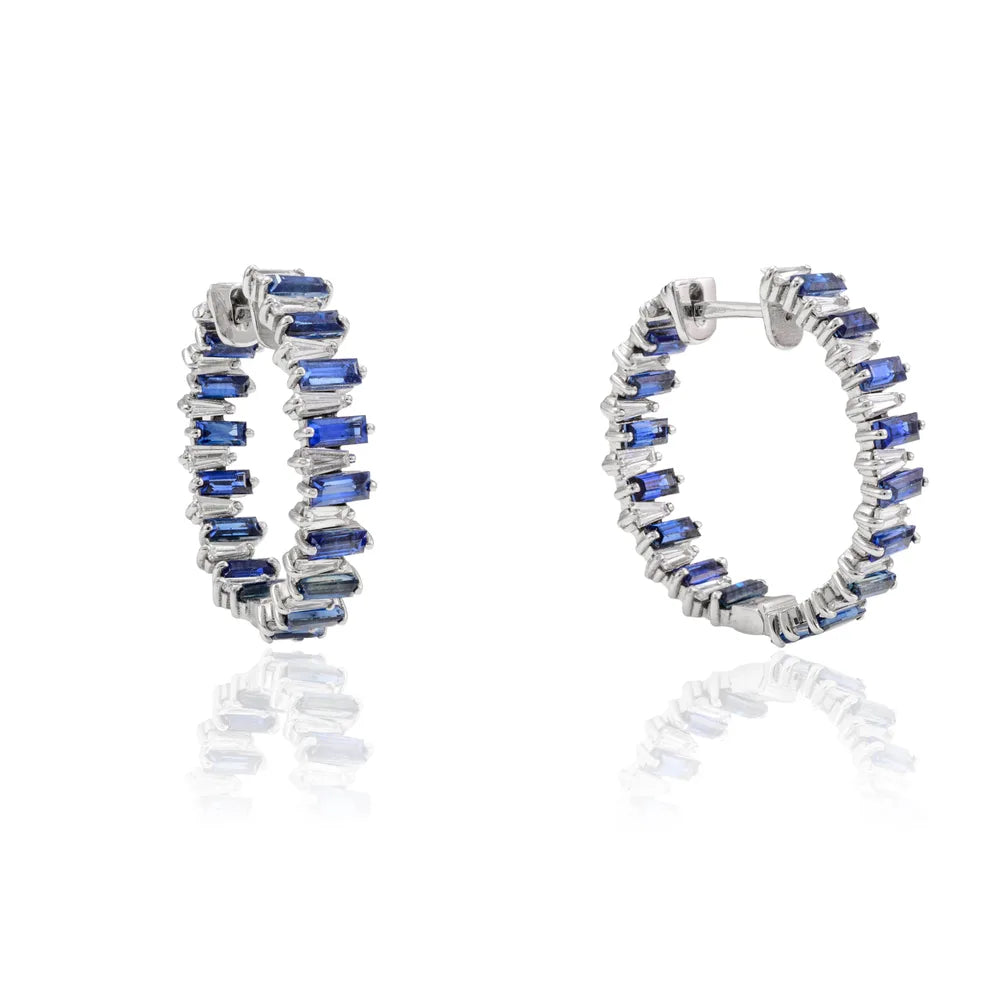 Fashionable Jewelry Natural Blue Sapphire & Diamond 14K Solid White Gold Hoop Earring