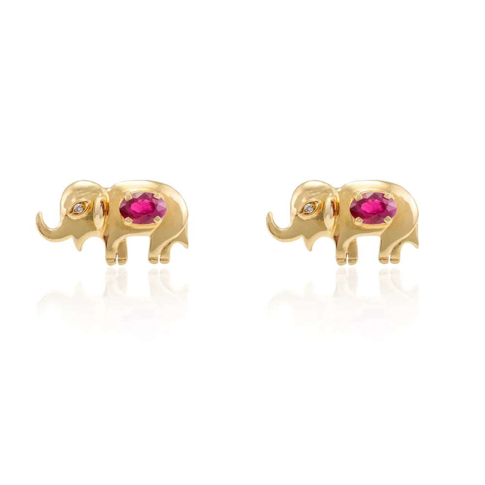 Best Selling Product Natural Ruby & Diamond 18K Fine Yellow Gold Elephant Stud Earring