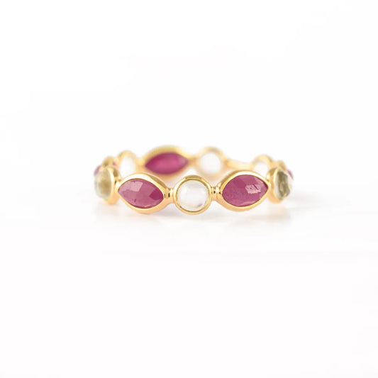 Handcrafted Natural Ruby & Rainbow Moonstone 14K Yellow Gold Eternity Band Ring