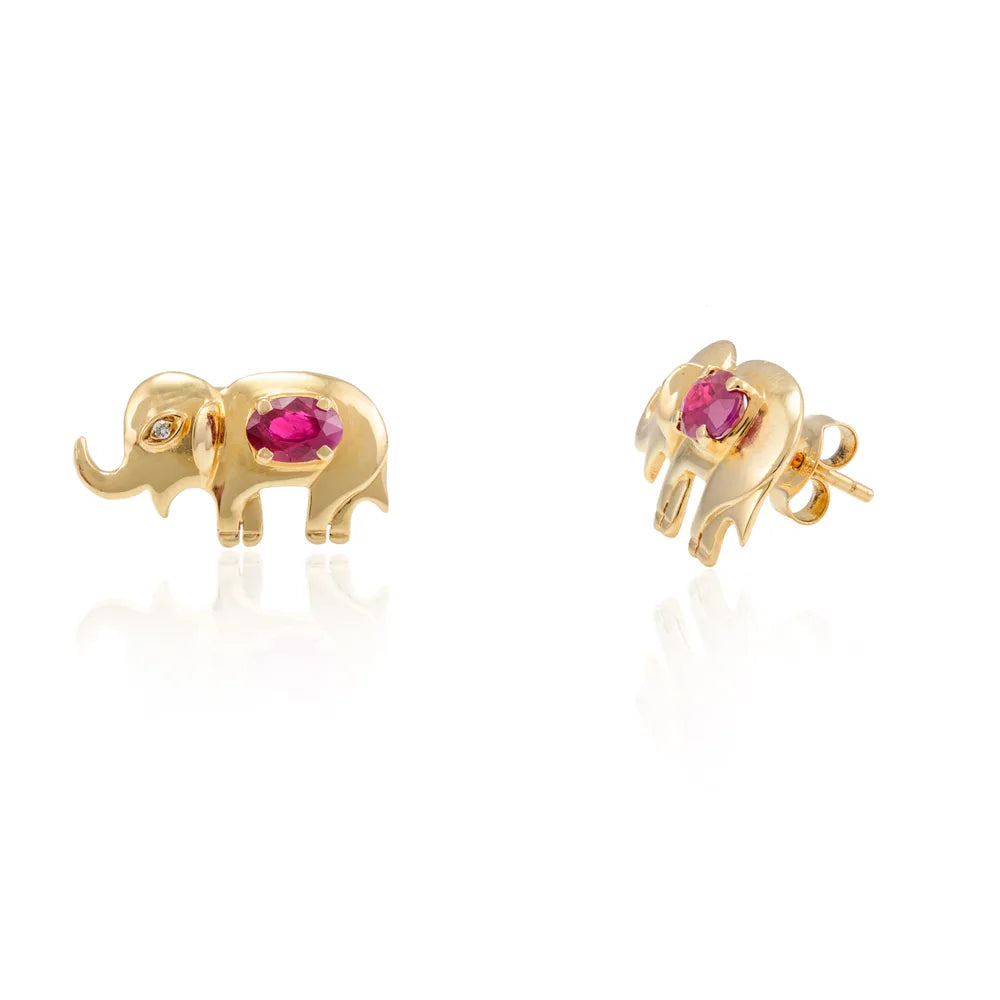 Best Selling Product Natural Ruby & Diamond 18K Fine Yellow Gold Elephant Stud Earring