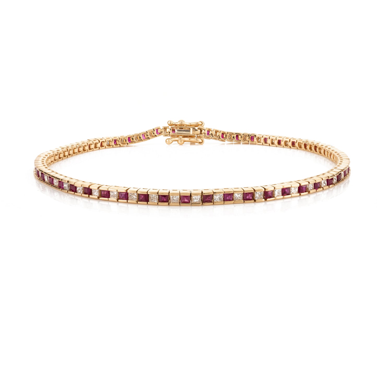 Precious Gemstone Jewelry Natural Ruby & Diamond 18K Yellow Gold Tennis Bracelet