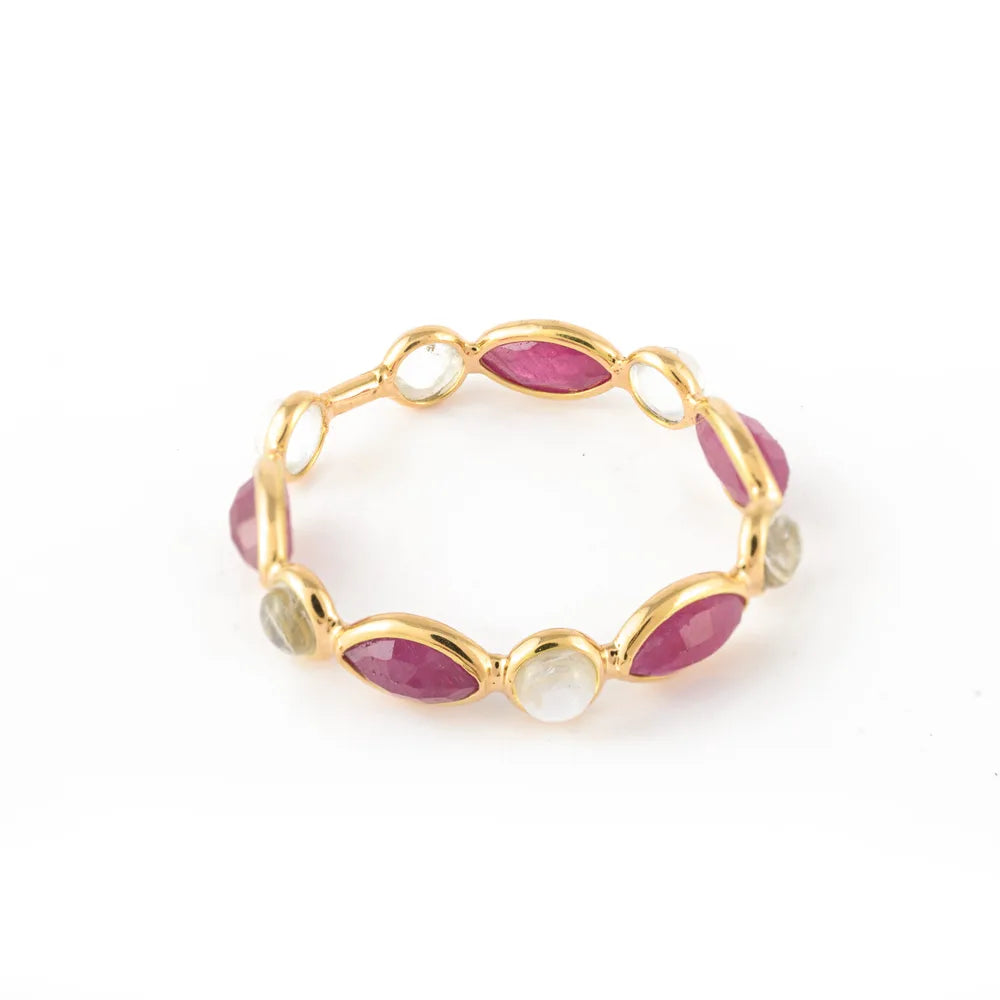 Handcrafted Natural Ruby & Rainbow Moonstone 14K Yellow Gold Eternity Band Ring