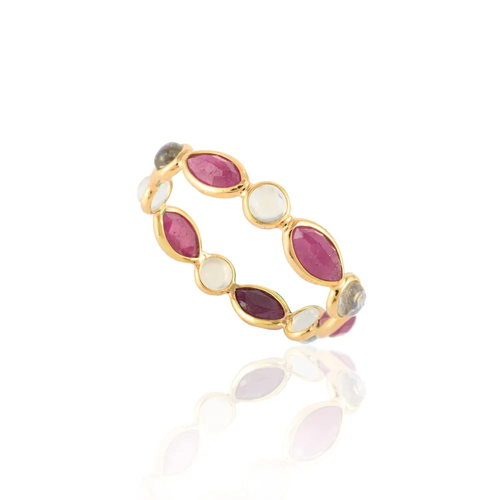 Handcrafted Natural Ruby & Rainbow Moonstone 14K Yellow Gold Eternity Band Ring