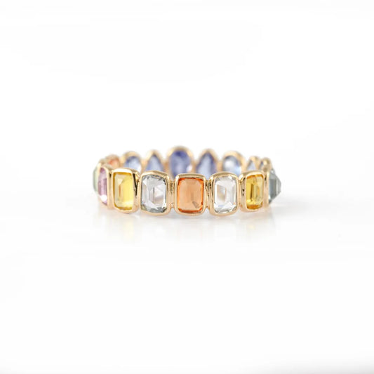 Handmade Jewelry Natural Half Multi Sapphire & Half Tanzanite 14K Solid Yellow Gold Stackable Band Ring