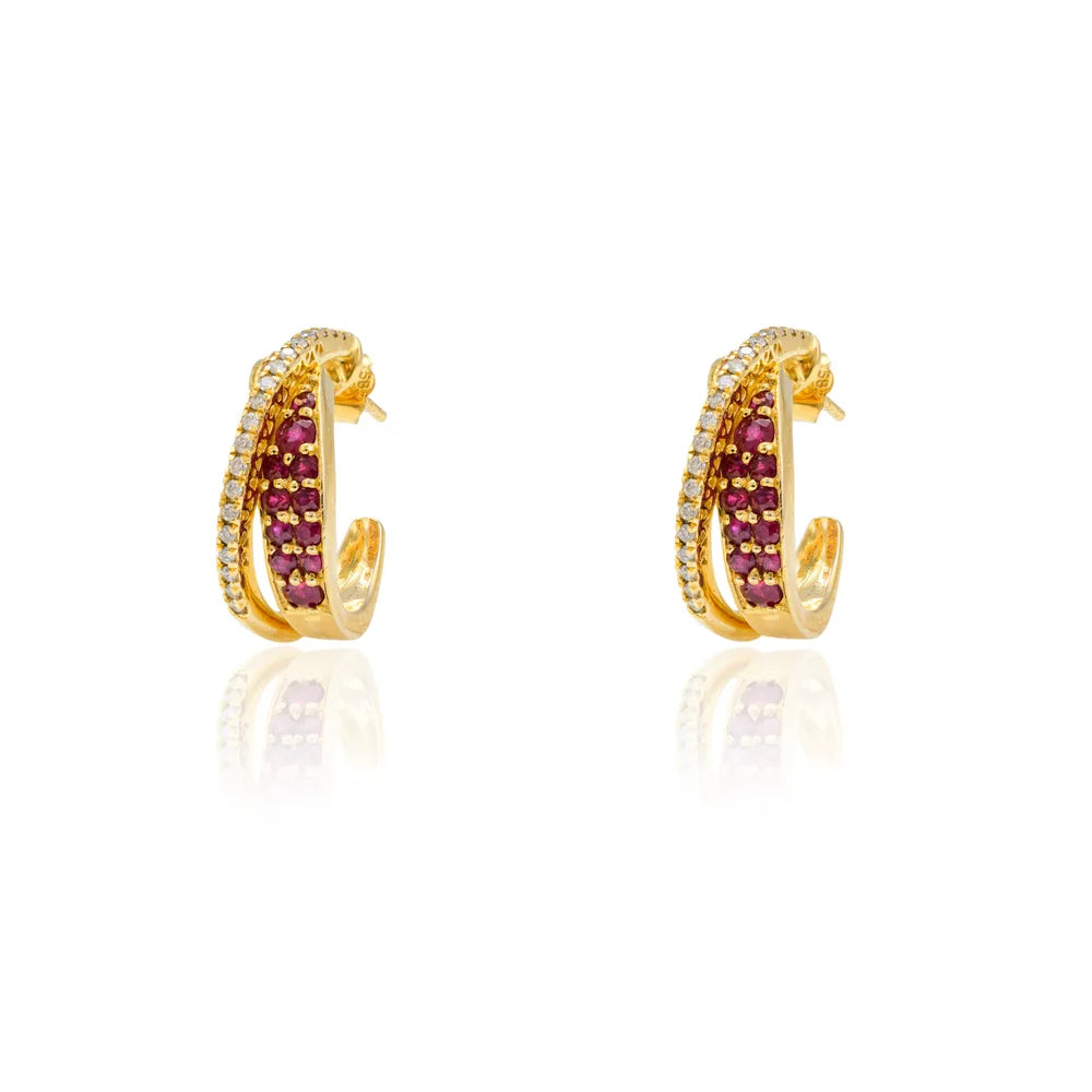 Classic Hot Selling Product Natural Ruby & Diamond 14K Solid Yellow Gold C- Hoop Earring