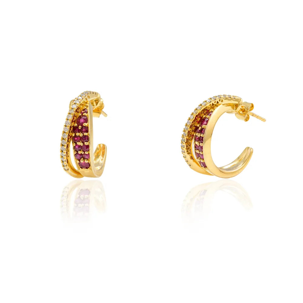 Classic Hot Selling Product Natural Ruby & Diamond 14K Solid Yellow Gold C- Hoop Earring