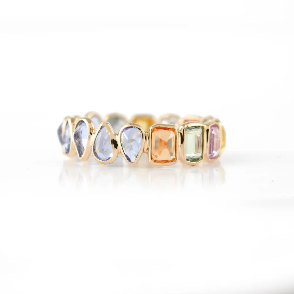 Handmade Jewelry Natural Half Multi Sapphire & Half Tanzanite 14K Solid Yellow Gold Stackable Band Ring