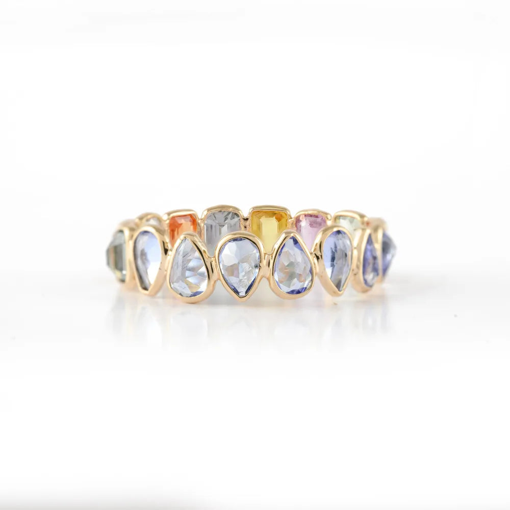 Handmade Jewelry Natural Half Multi Sapphire & Half Tanzanite 14K Solid Yellow Gold Stackable Band Ring