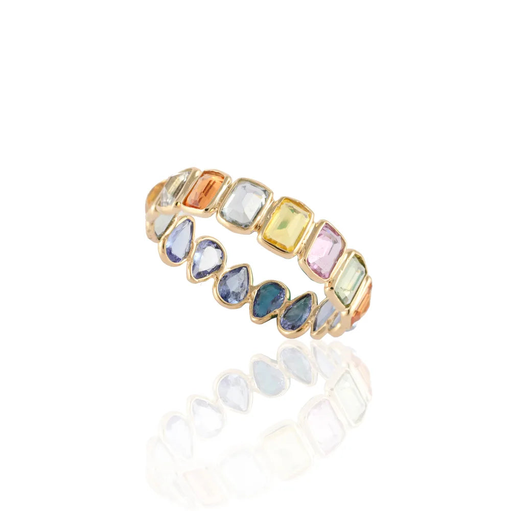 Handmade Jewelry Natural Half Multi Sapphire & Half Tanzanite 14K Solid Yellow Gold Stackable Band Ring