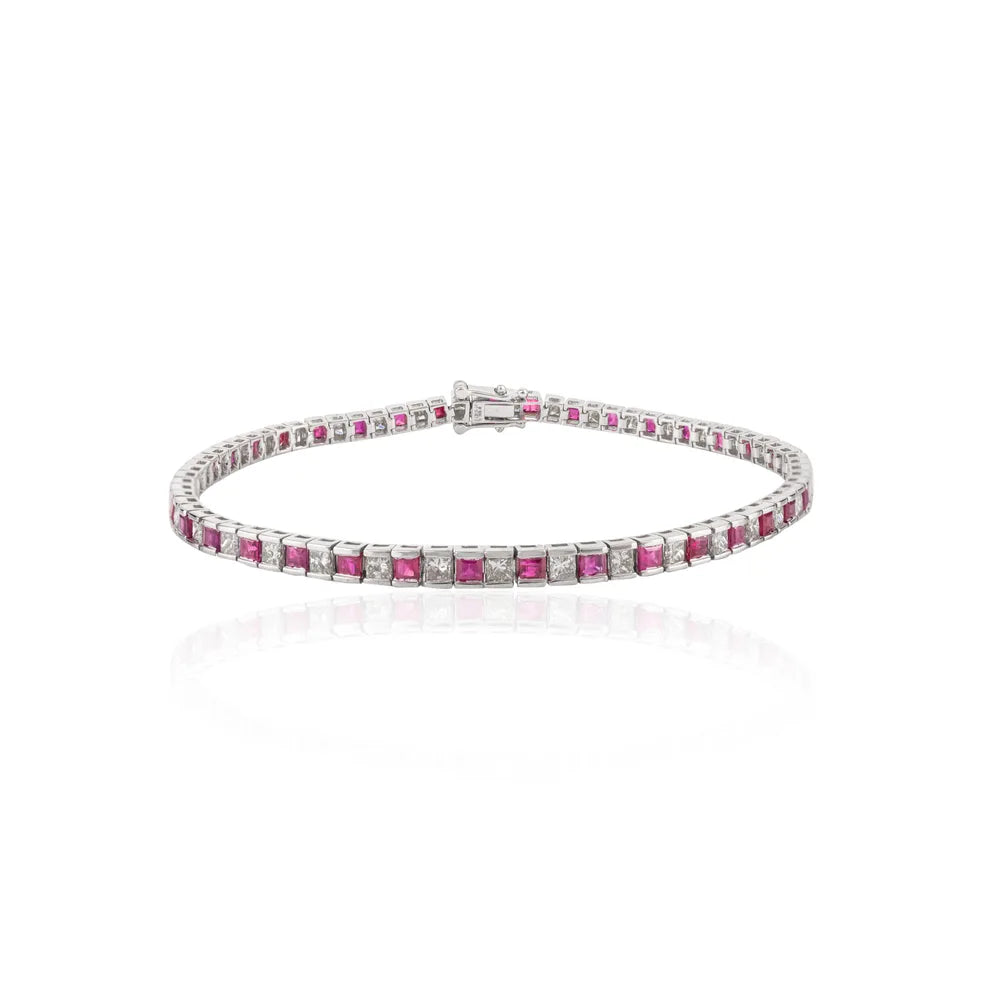 July Birthstone Ruby & Diamond 18K Solid White Gold Tennis Bracelet