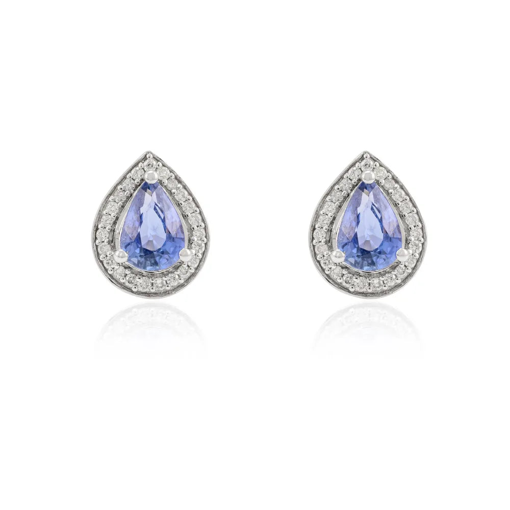 Fine Jewelry 14K White Gold Precious Natural Blue Sapphire & Diamond Tear Drop Earring