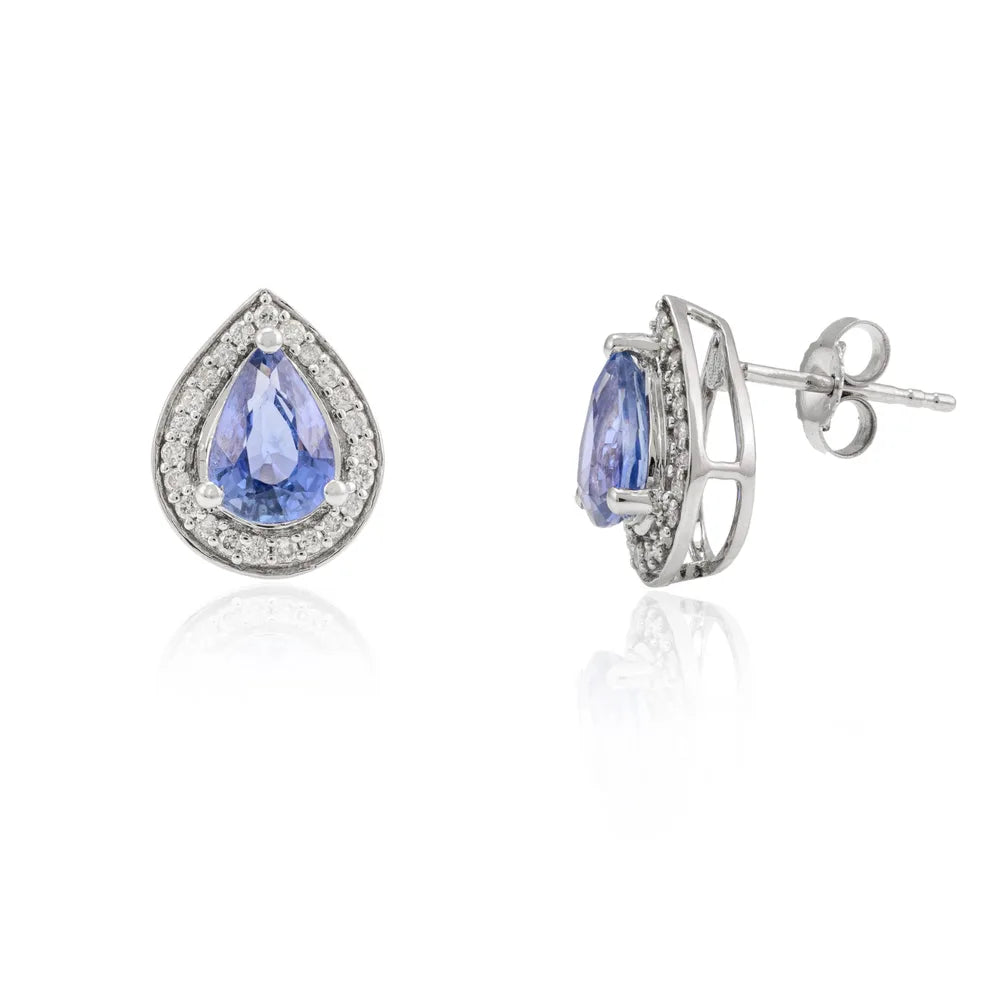 Fine Jewelry 14K White Gold Precious Natural Blue Sapphire & Diamond Tear Drop Earring