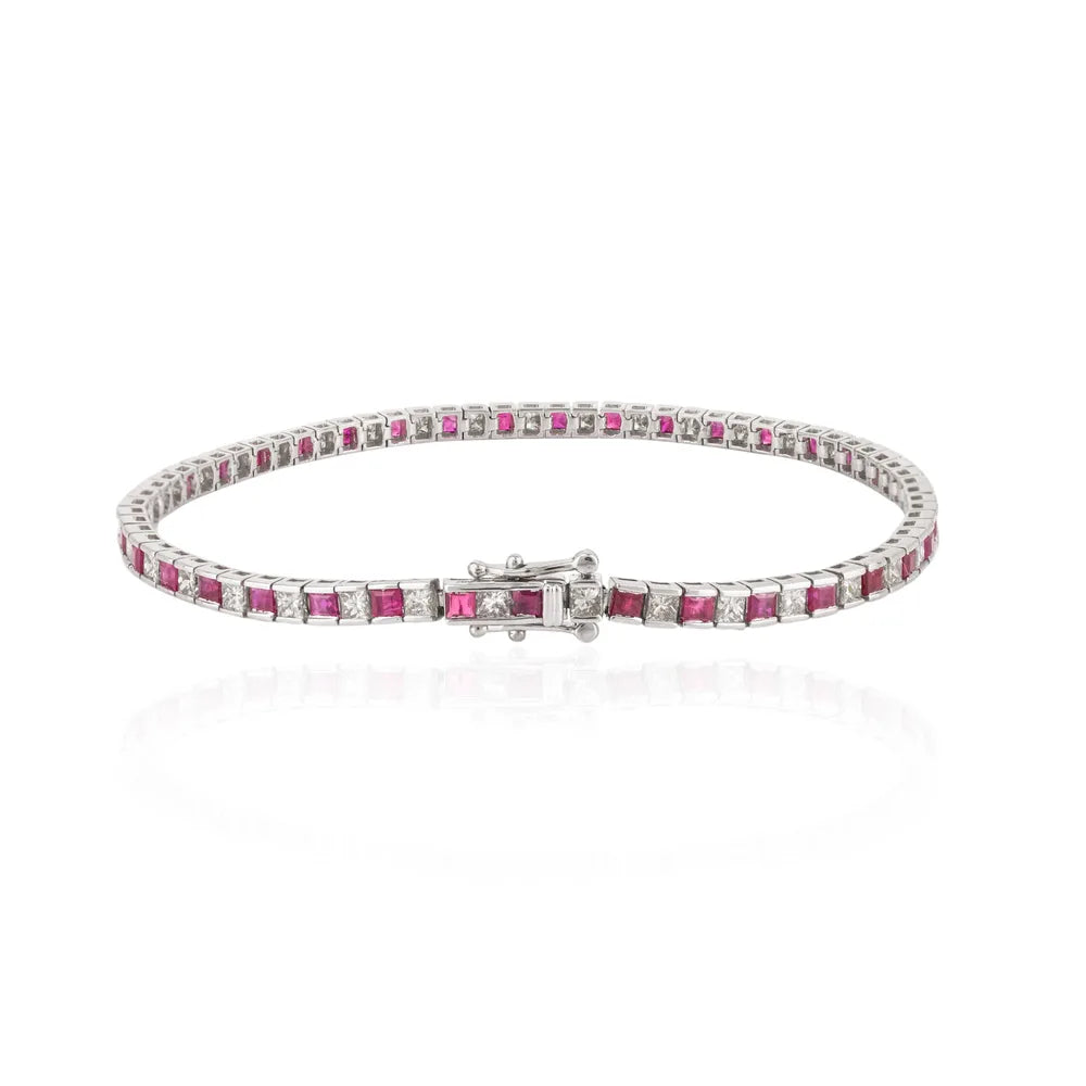 July Birthstone Ruby & Diamond 18K Solid White Gold Tennis Bracelet