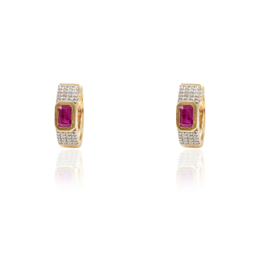 Gemstone Jewelry Natural Ruby & Diamond 14K Solid Yellow Gold Huggie Hoop Earring