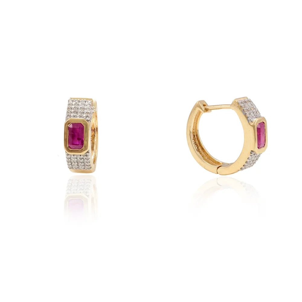 Gemstone Jewelry Natural Ruby & Diamond 14K Solid Yellow Gold Huggie Hoop Earring