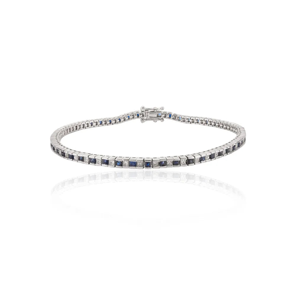 100% Natural Blue Sapphire & Diamond 18K White Gold Tennis Bracelet