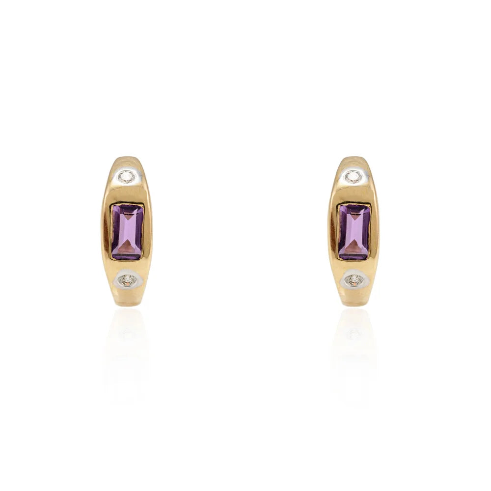 Fashionable Jewelry Natural Amethyst & Diamond 14K Solid Yellow Gold Hoop Earring