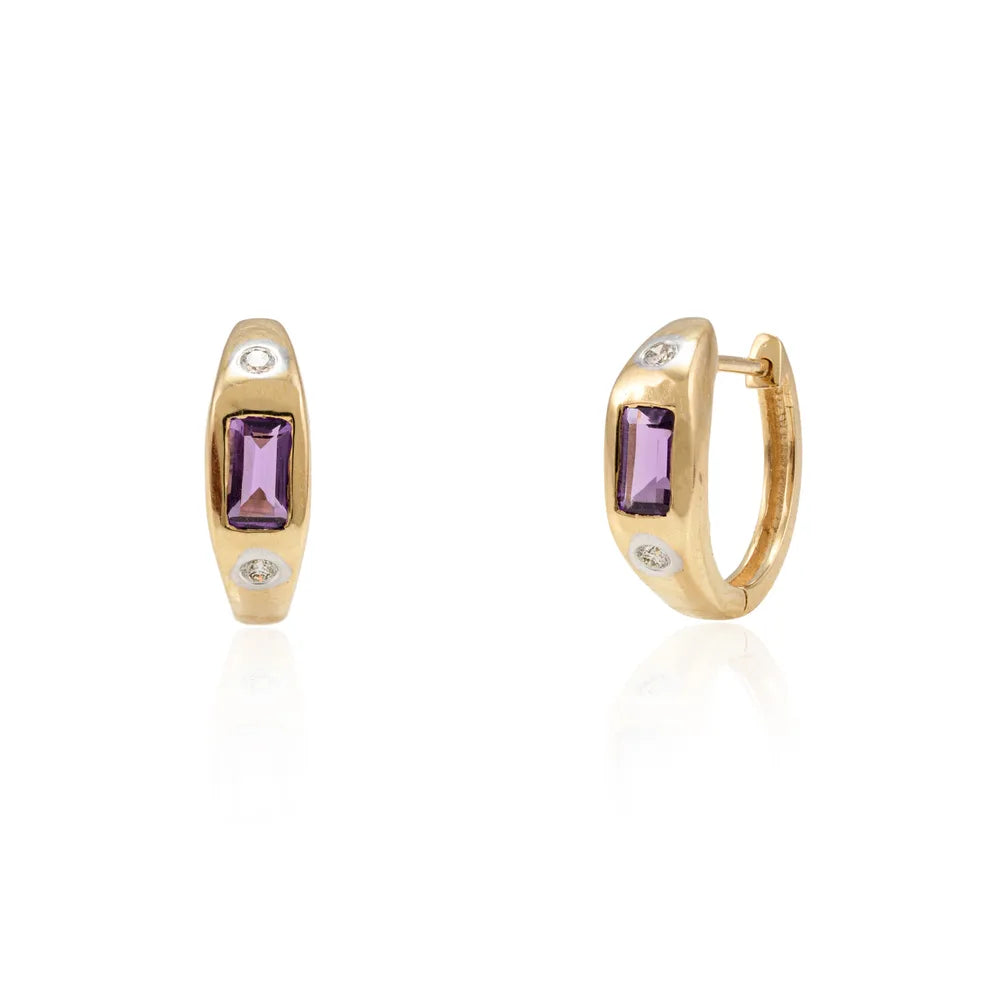 Fashionable Jewelry Natural Amethyst & Diamond 14K Solid Yellow Gold Hoop Earring