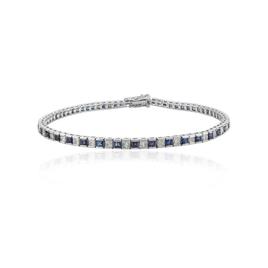 100% Natural Blue Sapphire & Diamond 18K White Gold Tennis Bracelet