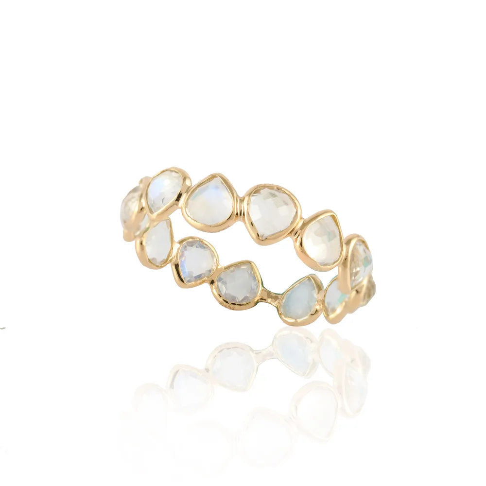 Custom Jewelry Natural Moonstone 18K Solid Yellow Gold Full Eternity Band Ring