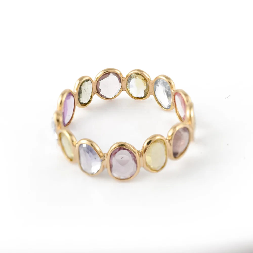 Gemstone Jewelry Natural Uneven Shape Multi Sapphire 18K Yellow Gold Stacking Band Ring