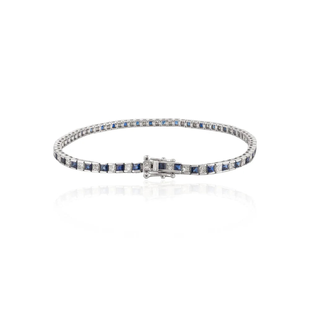 100% Natural Blue Sapphire & Diamond 18K White Gold Tennis Bracelet