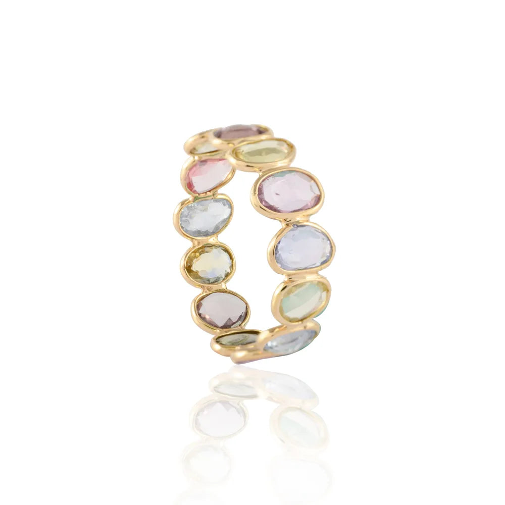 Gemstone Jewelry Natural Uneven Shape Multi Sapphire 18K Yellow Gold Stacking Band Ring