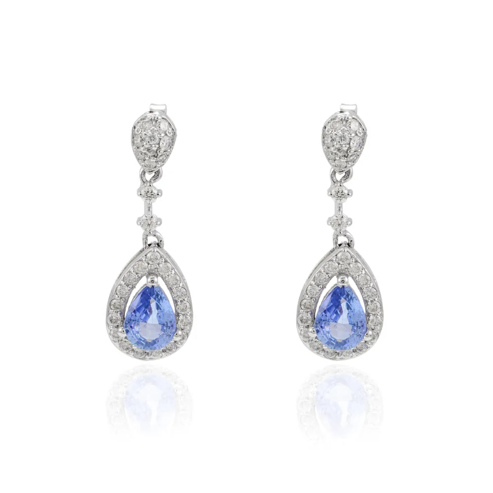 Gemstone Jewelry Natural Blue Sapphire & Diamond 14K White Gold Dangle Drop Earring