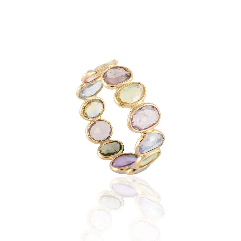 Gemstone Jewelry Natural Uneven Shape Multi Sapphire 18K Yellow Gold Stacking Band Ring