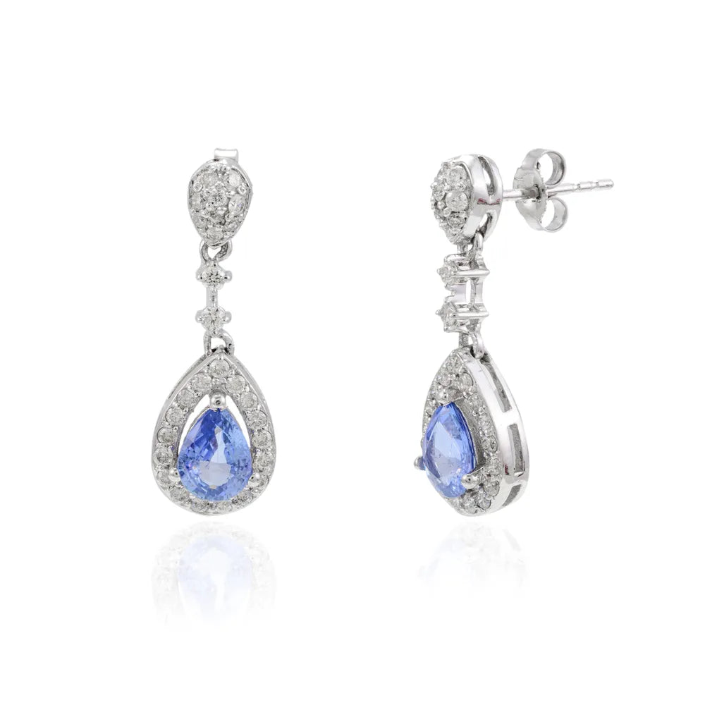Gemstone Jewelry Natural Blue Sapphire & Diamond 14K White Gold Dangle Drop Earring