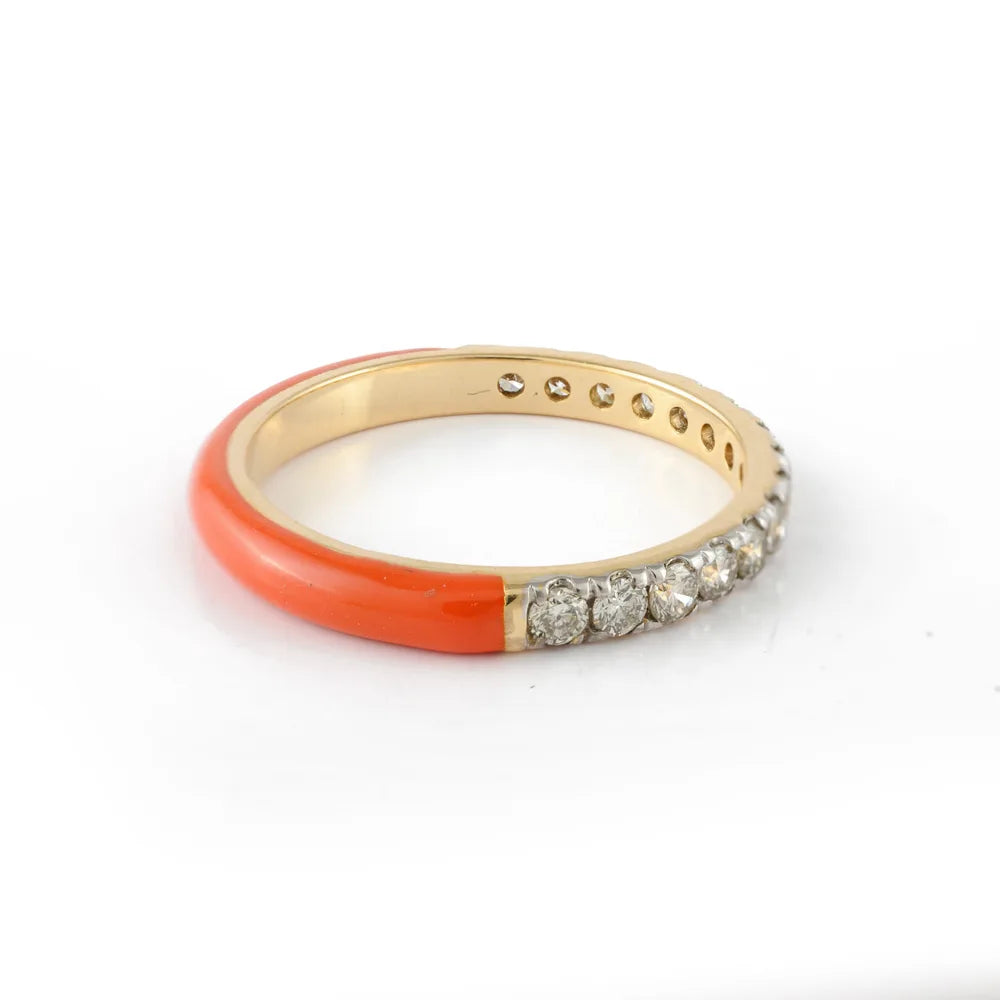 Classic Hot Selling Product Natural Diamond 14K Solid Yellow Gold Orange Enamel Ring