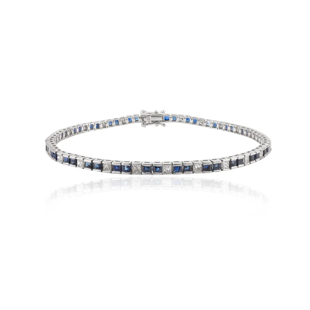 Natural Blue Sapphire & Diamond Solid 18K White Gold Tennis Bracelet