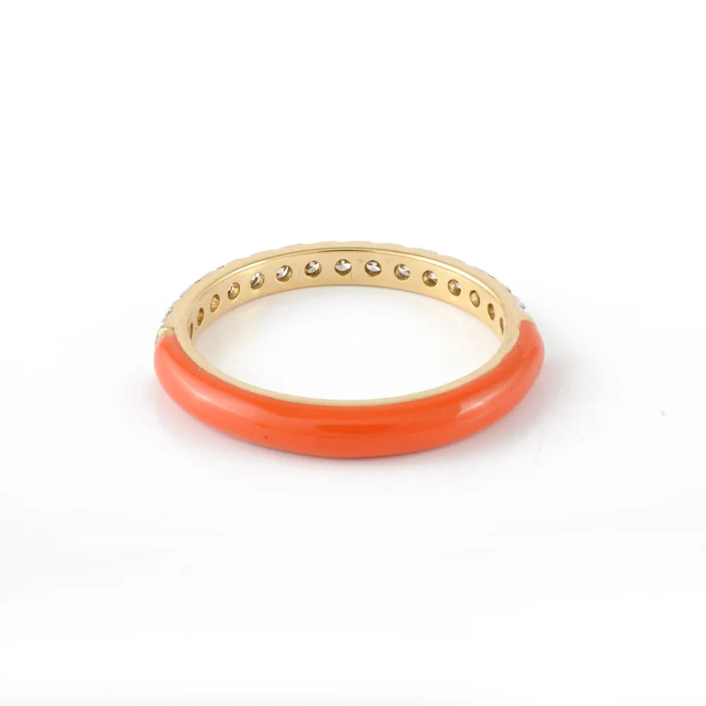 Classic Hot Selling Product Natural Diamond 14K Solid Yellow Gold Orange Enamel Ring