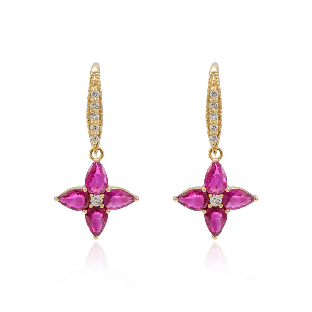 Best Selling Product Natural Ruby & Diamond 14K Solid Yellow Gold Flower Design Drop Earring