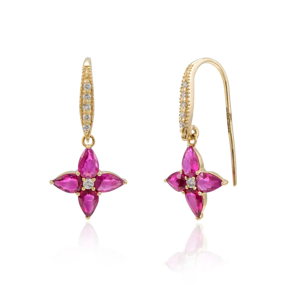 Best Selling Product Natural Ruby & Diamond 14K Solid Yellow Gold Flower Design Drop Earring