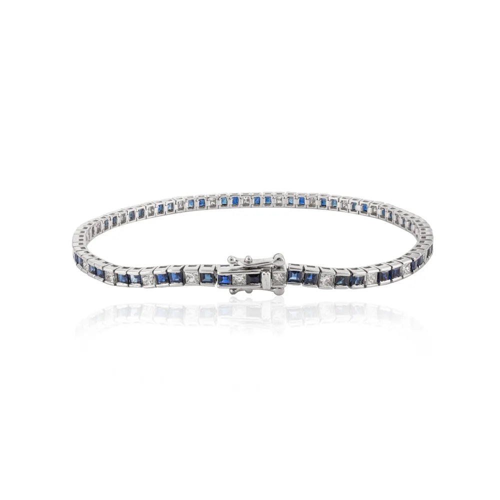 Natural Blue Sapphire & Diamond Solid 18K White Gold Tennis Bracelet