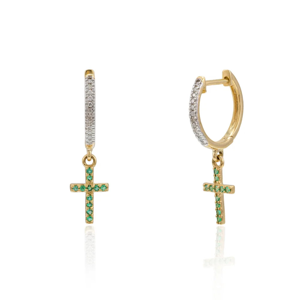 Handcrafted Authentic Emerald & Diamond 18K Solid Yellow Gold Russian Hoop Earring