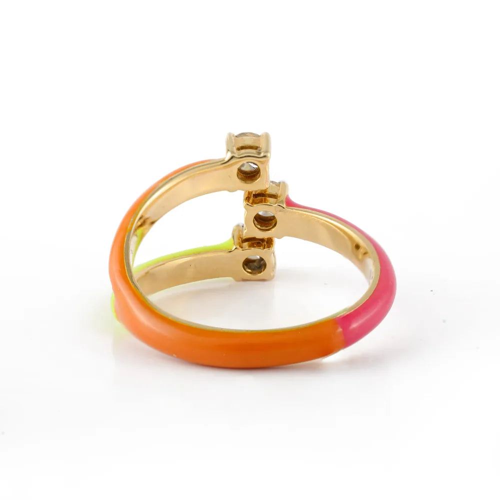 14K Yellow Gold Natural Diamond Three Layered Colorful Enamel Ring