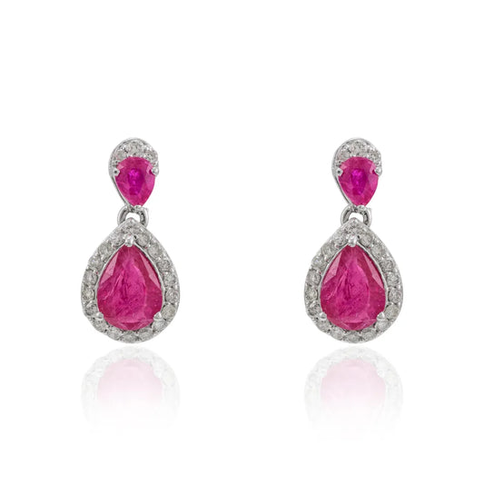 Handmade Jewelry Natural Ruby & Diamond 14K Fine White Gold Minimal Drop Earring