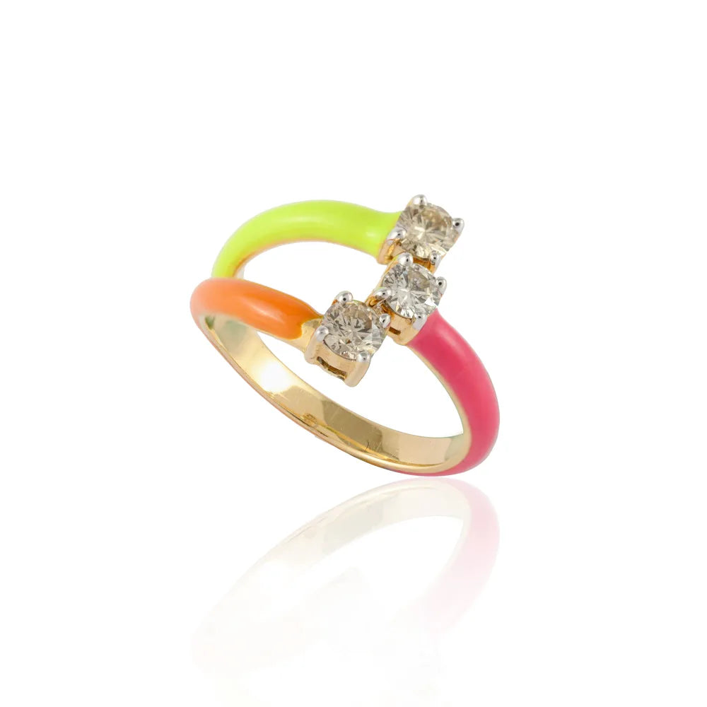 14K Yellow Gold Natural Diamond Three Layered Colorful Enamel Ring