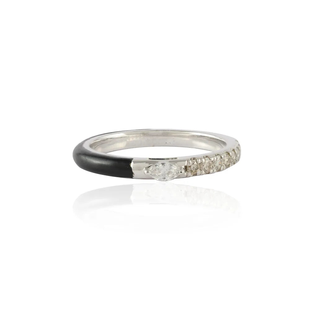 Handmade Jewelry Natural Diamond 14K Solid White Gold Black Enamel Stacking Band Ring