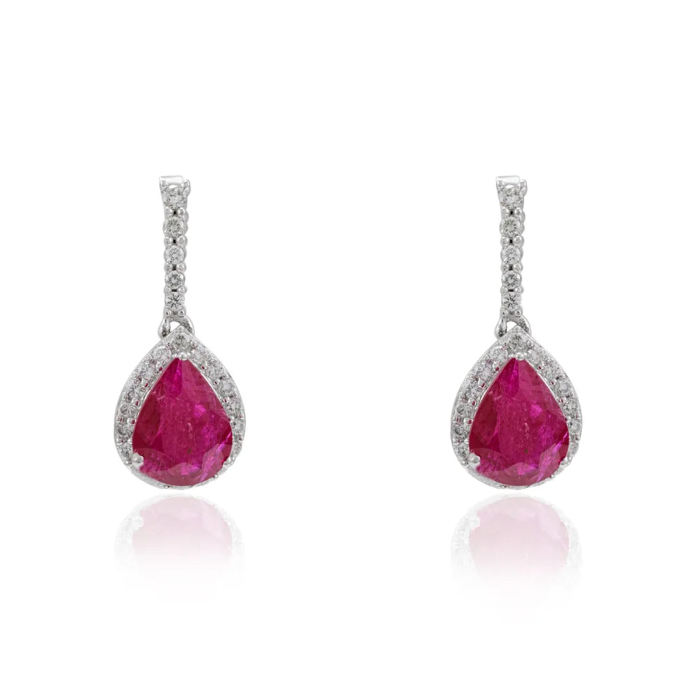 Trending Natural Precious Gemstone Ruby & Diamond 14K Solid White Minimal Drop Earring