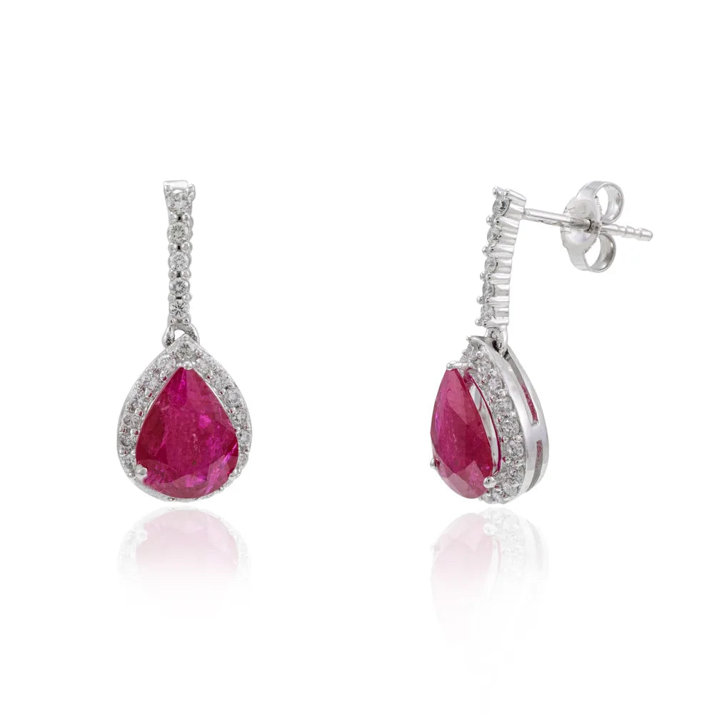 Trending Natural Precious Gemstone Ruby & Diamond 14K Solid White Minimal Drop Earring