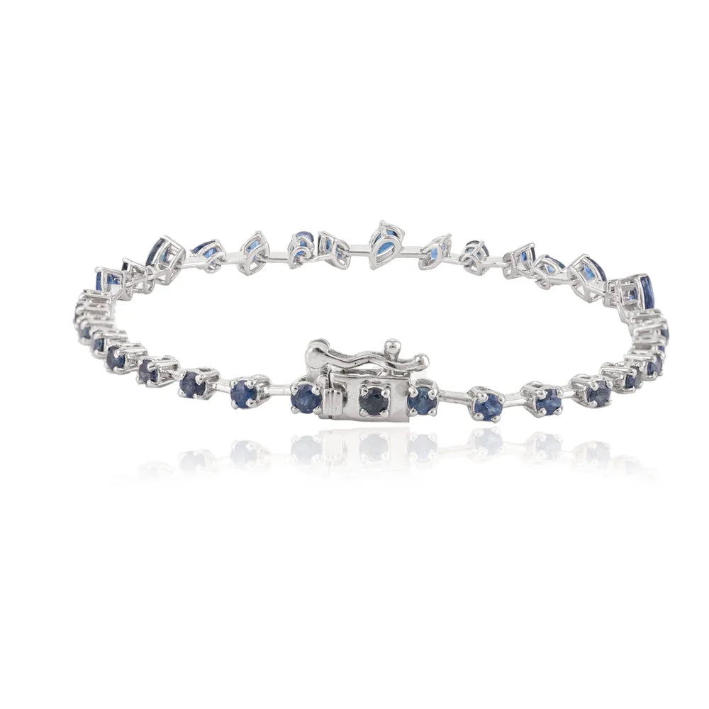 September Birthstone Natural Blue Sapphire 18K White Gold Tennis Bracelet