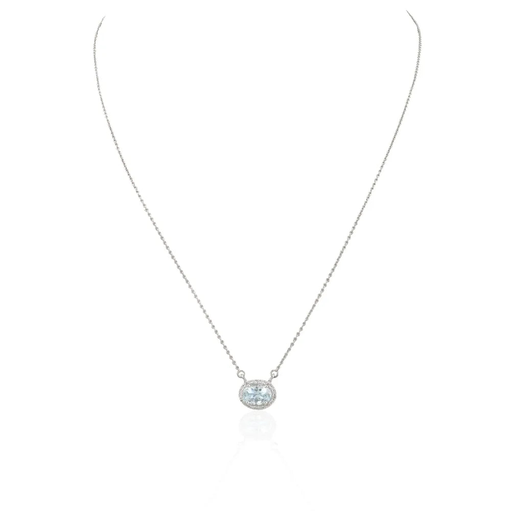 Minimal Jewelry Natural Aquamarine & Diamond 14K Solid White Gold Long Chain Necklace