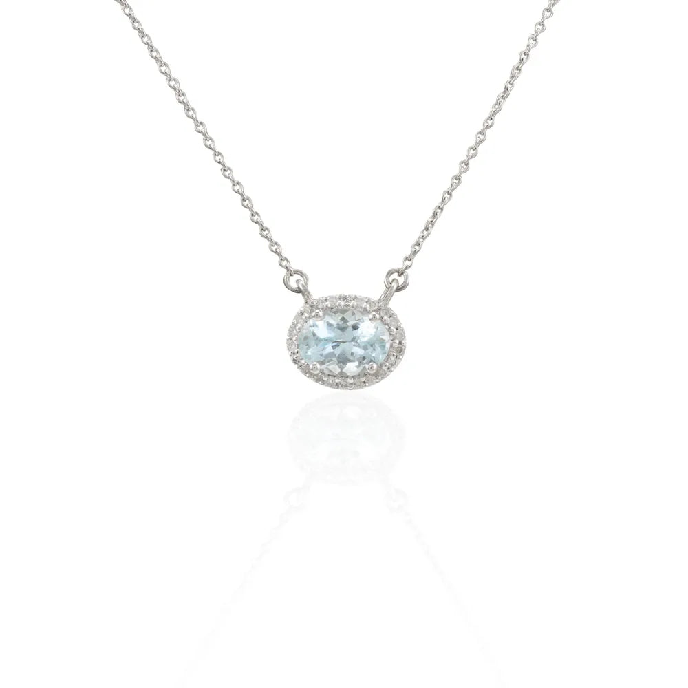 Minimal Jewelry Natural Aquamarine & Diamond 14K Solid White Gold Long Chain Necklace